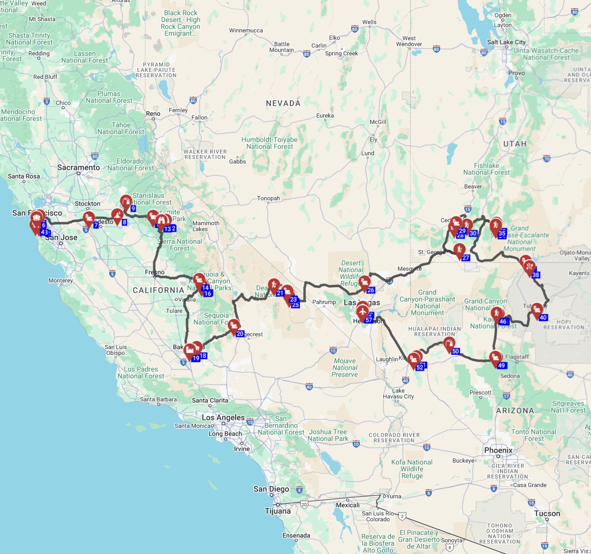 USA RV road trip plan from San Francisco to Las Vegas motorhome trip route